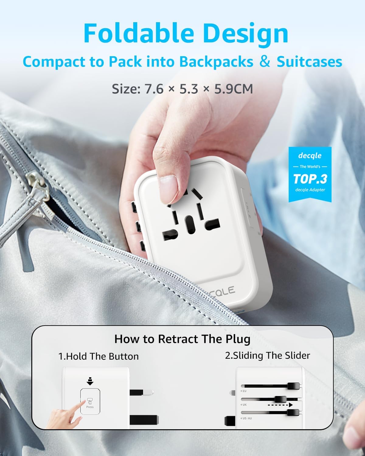 Adaptador Universal de Tomada com 2 USB-C (PD 20W) e 1 USB-A, para UE, Reino Unido, EUA, Canadá, Austrália e 224 países (Branco) - Imagem 4