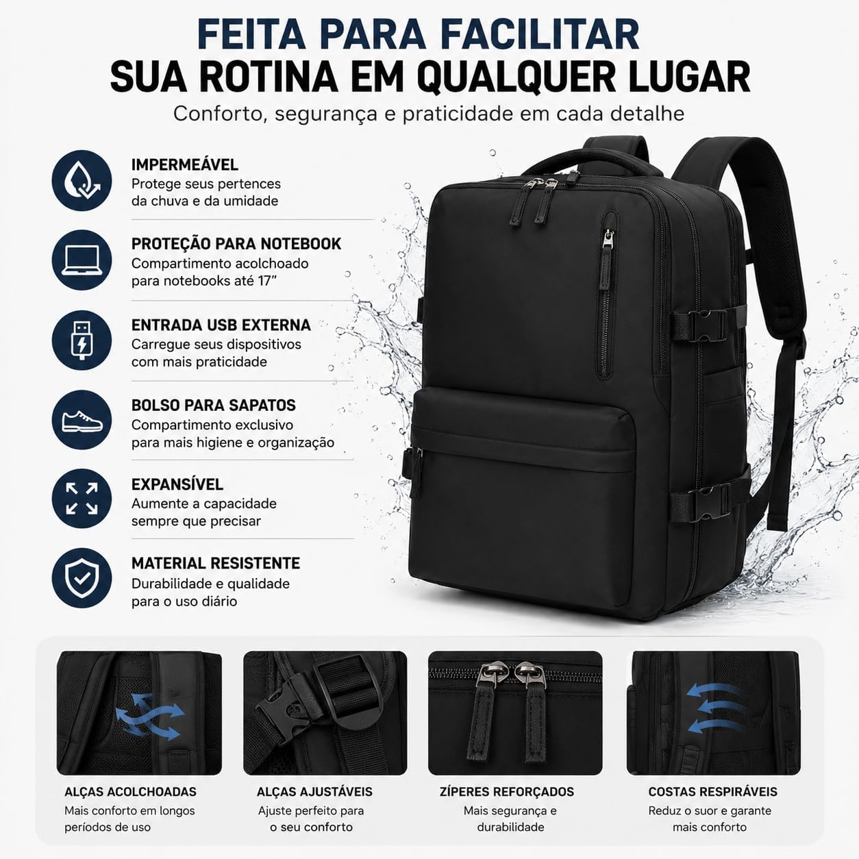 Mochila de Viagem Expansível Impermeável 40L, Compartimento para Notebook até 17”, Bagagem de Mão, Antifurto, USB Externa, Ideal para Avião, Trabalho e Viagens Curtas - Imagem 4