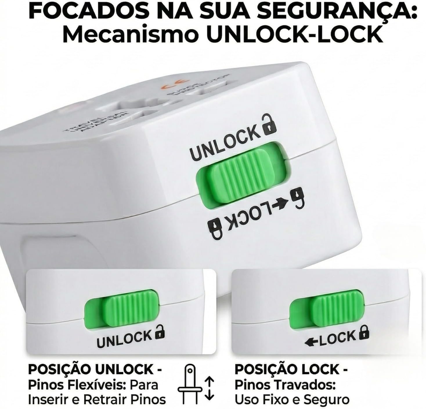 Adaptador Universal de Tomada para Viagem – Padrão Internacional, Compatível com Europa, EUA, UK, Ásia e Mais de 150 Países, Bivolt, 3 Pinos, Portátil, Ajustável e com Trava de Segurança Premium - Imagem 5