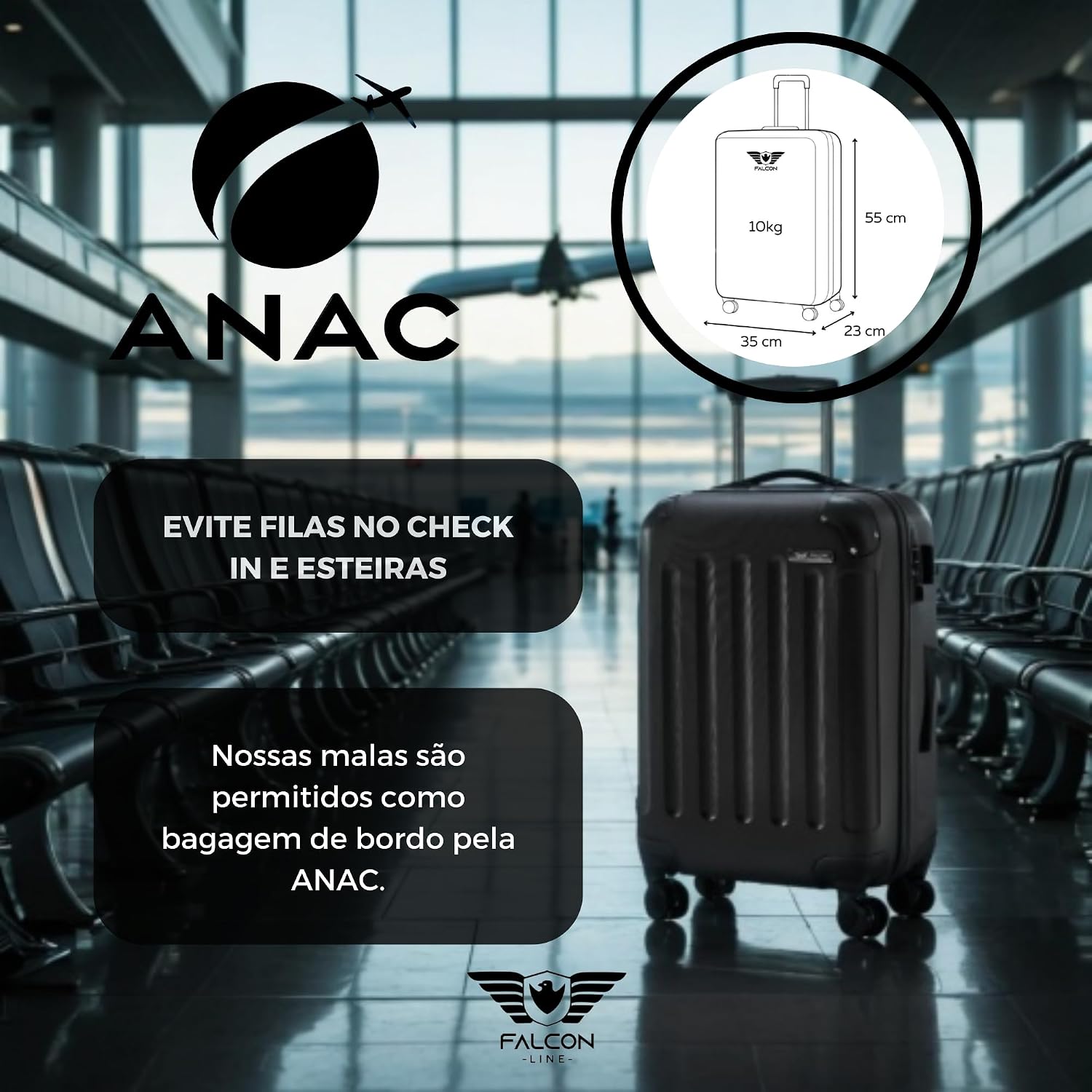 Mala de Bordo ABS Falcon Line SF24 (Preta) | Bagagem de Mão Dimensões Padrão ANAC até 10kg, 4 Rodinhas 360°, Cadeado com Senha | Mala de viagem 10 kg, Divisória Interna com Zíper e Elástico de Fixação - Imagem 2