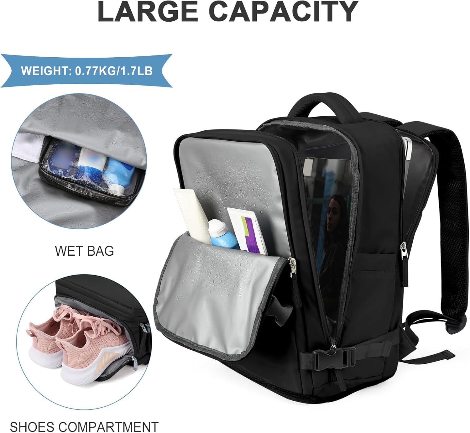 Mochila de viagem coowoz unissex, grande, mala de mão, mochila para trilha, Preto, Large - Imagem 5
