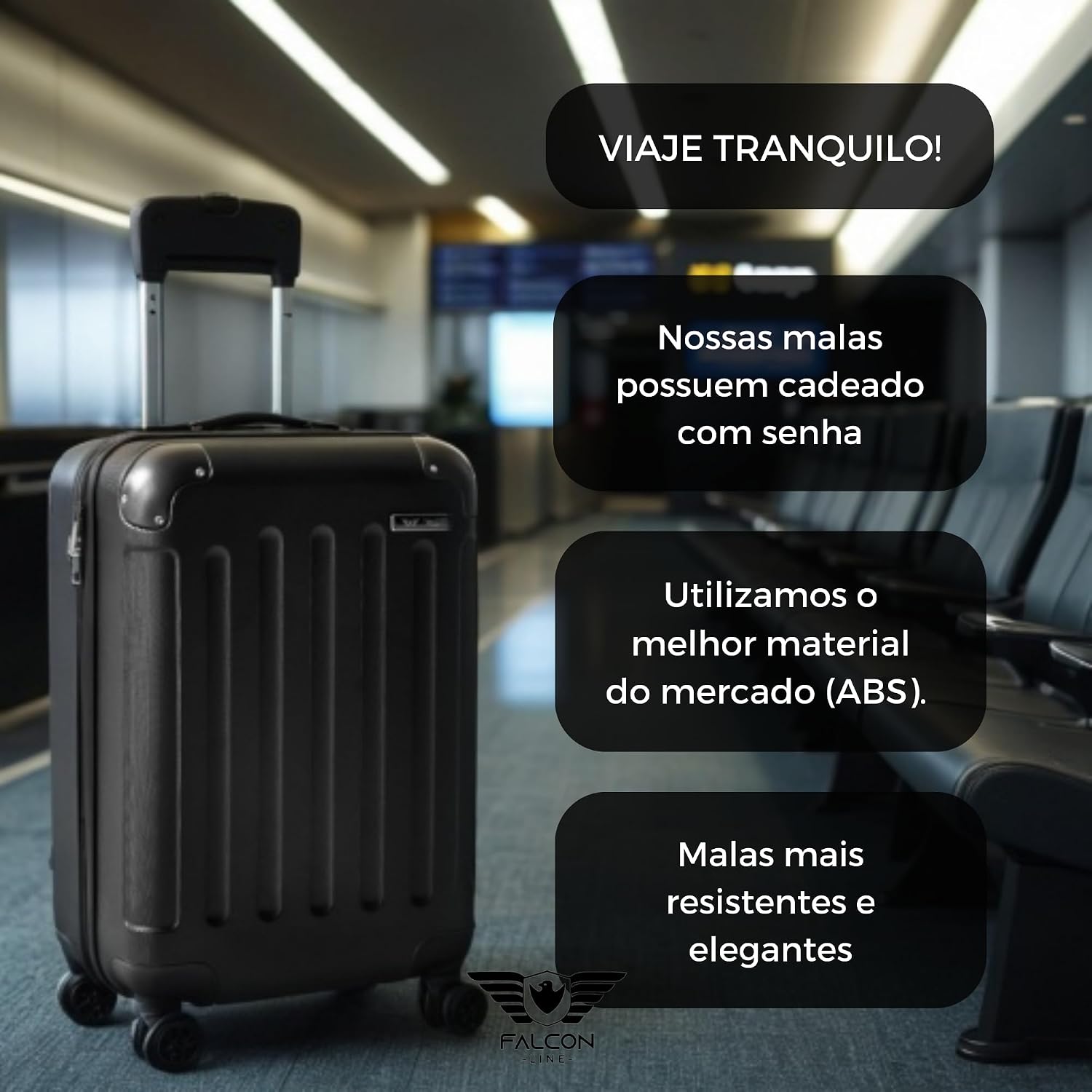 Mala de Bordo ABS Falcon Line SF24 (Preta) | Bagagem de Mão Dimensões Padrão ANAC até 10kg, 4 Rodinhas 360°, Cadeado com Senha | Mala de viagem 10 kg, Divisória Interna com Zíper e Elástico de Fixação - Imagem 4