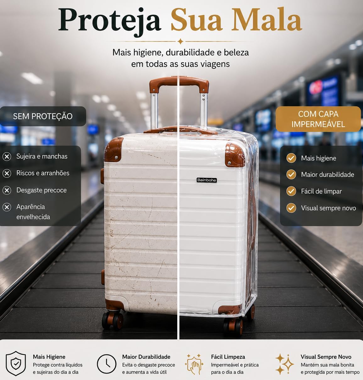 Capa Para Mala de Viagem Protege Contra Arranhões e Impacto Plástico Cristal Transparente Grosso P M G Fechamento com Velcro (Preta, P) - Imagem 2