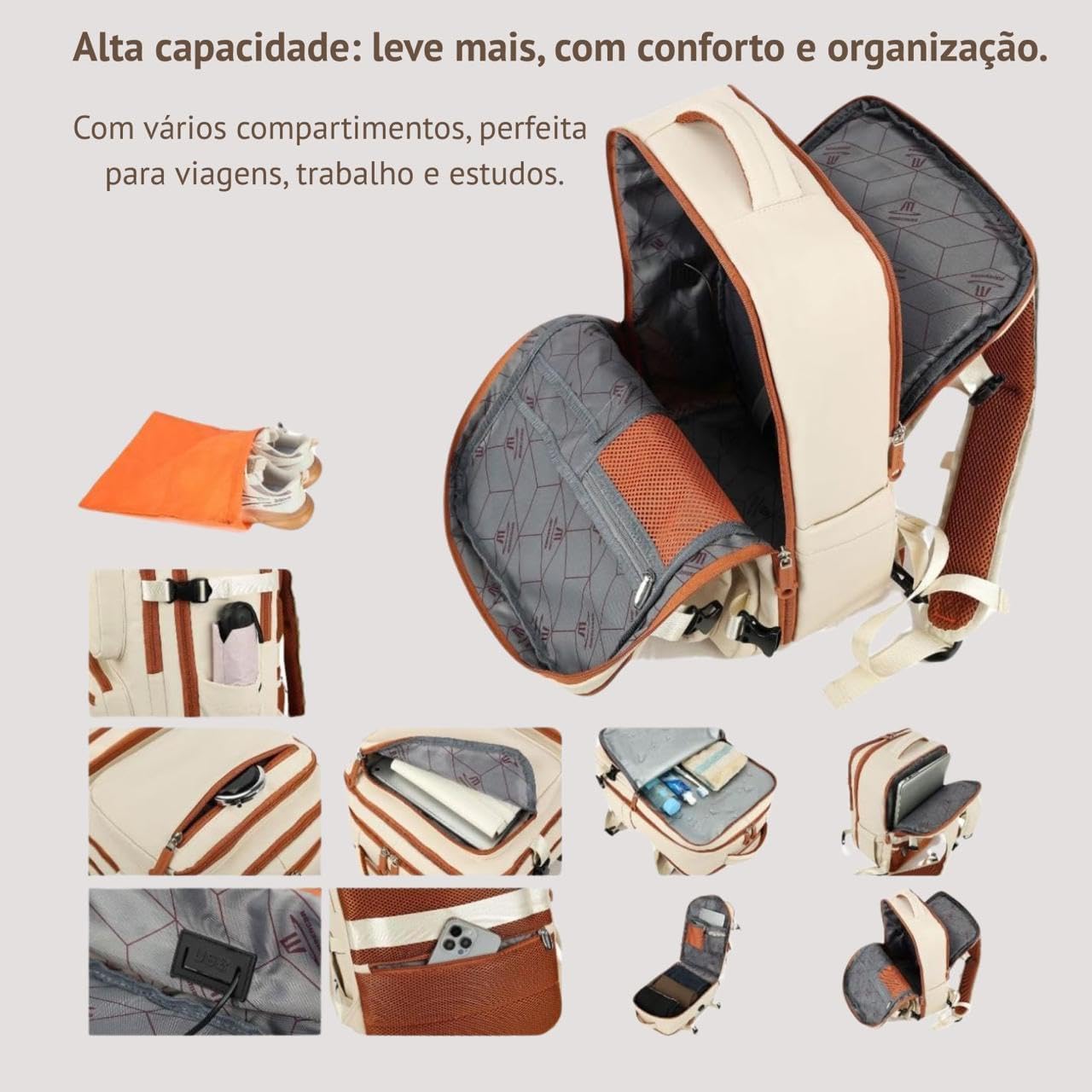 Mochila de Viagem Masculina Feminina Reforçada Executiva Grande Mochila para Notebook Trabalho, Viagem, Faculdade e Escola - Antifurto, Saídas USB e Fone, Alça de Aço, Impermeável + Capa para Tênis - Imagem 7