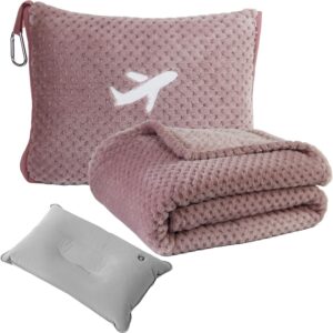 Conjunto de travesseiro e cobertor de viagem 3 em 1 - cobertor de viagem de 280 g/m² compacto com bolsa, travesseiro inflável de viagem, cobertor de avião embalável, manga de bagagem e clipe