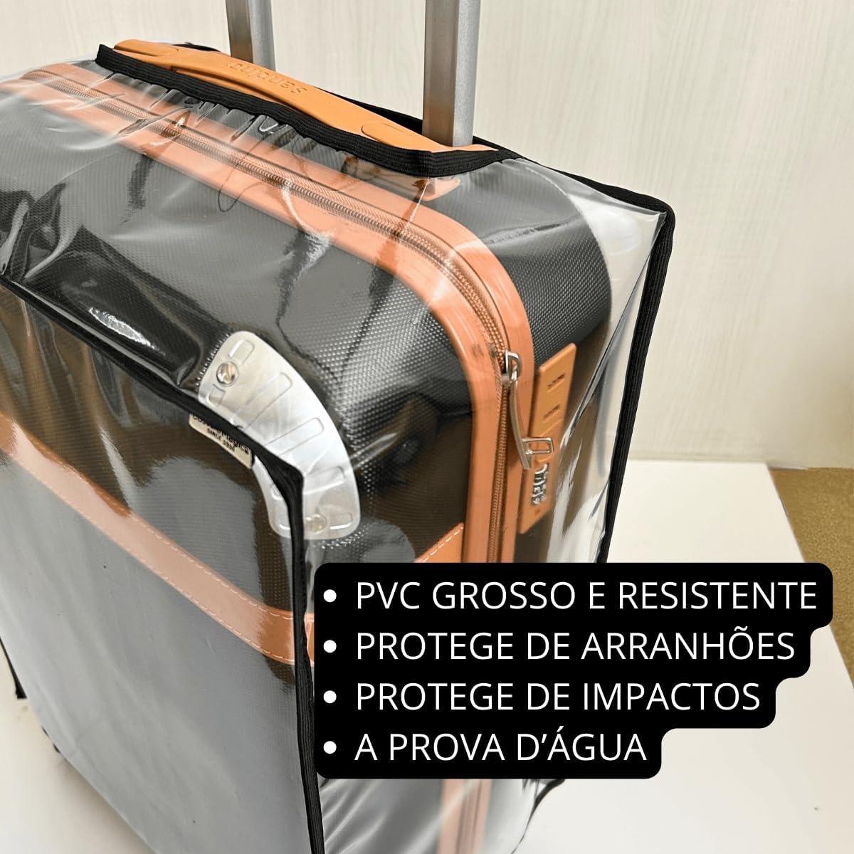Capa Para Mala de Viagem Protege Contra Arranhões e Impacto Plástico Cristal Transparente Grosso P M G Fechamento com Velcro (Preta, P) - Imagem 9