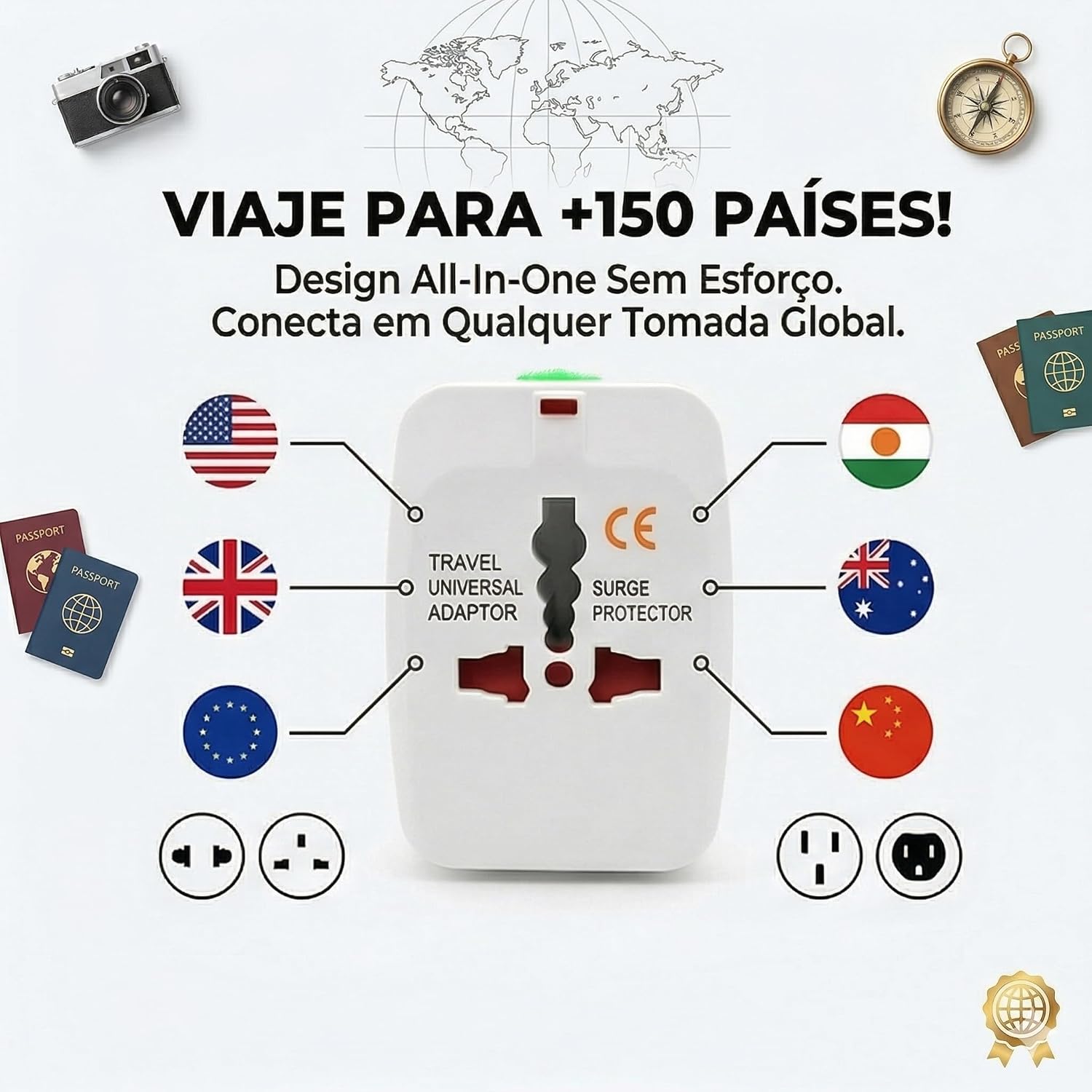 Adaptador Universal de Tomada para Viagem – Padrão Internacional, Compatível com Europa, EUA, UK, Ásia e Mais de 150 Países, Bivolt, 3 Pinos, Portátil, Ajustável e com Trava de Segurança Premium - Imagem 2
