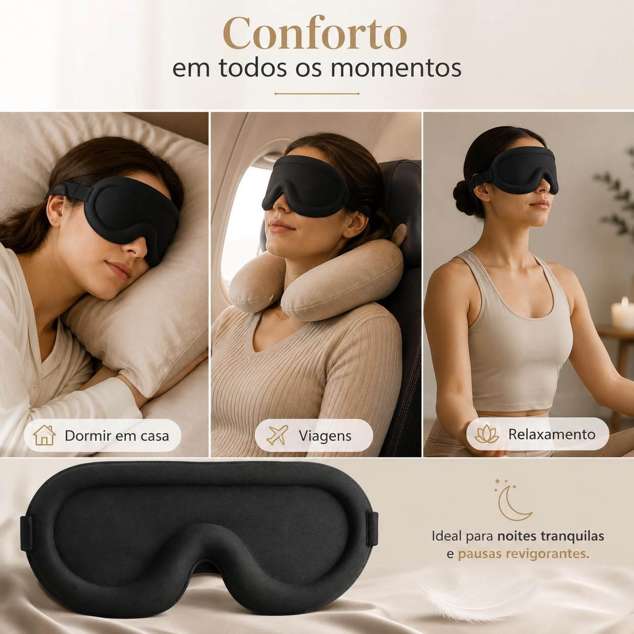 Máscara de Dormir Luxuosa 3D Unissex - Perfeita para Quem Dorme de Lado, Design Ergonômico Patenteado 100% Sem Pressão & Bloqueio Total de Luz, Tapa Olho com Alça Ajustável Fácil, para Viagens e Uso Doméstico, Cobertor Ocular Noturno(Preto) - Imagem 7