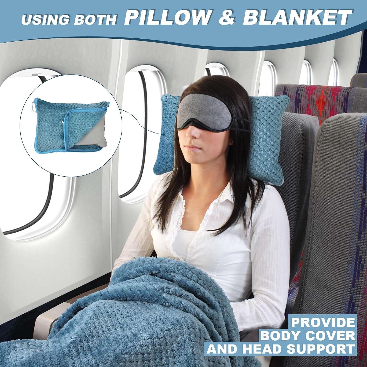 Cobertor de viagem compacto de avião com bolsa, cobertor de avião embalável 3 em 1 essenciais de viagem, travesseiro e cobertor de viagem, travesseiro inflável, manga de bagagem e clipe de - Imagem 2