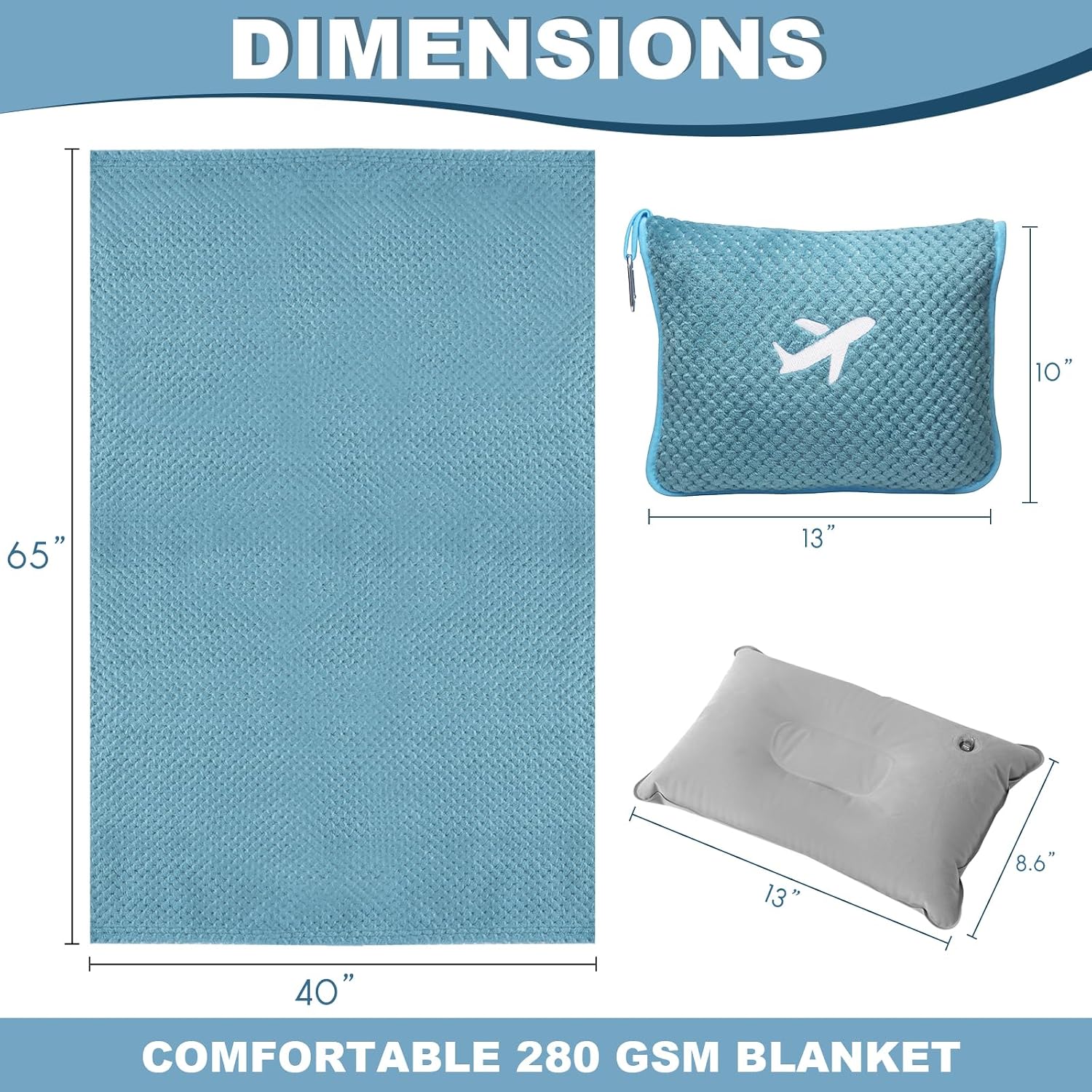 Cobertor de viagem compacto de avião com bolsa, cobertor de avião embalável 3 em 1 essenciais de viagem, travesseiro e cobertor de viagem, travesseiro inflável, manga de bagagem e clipe de - Imagem 7