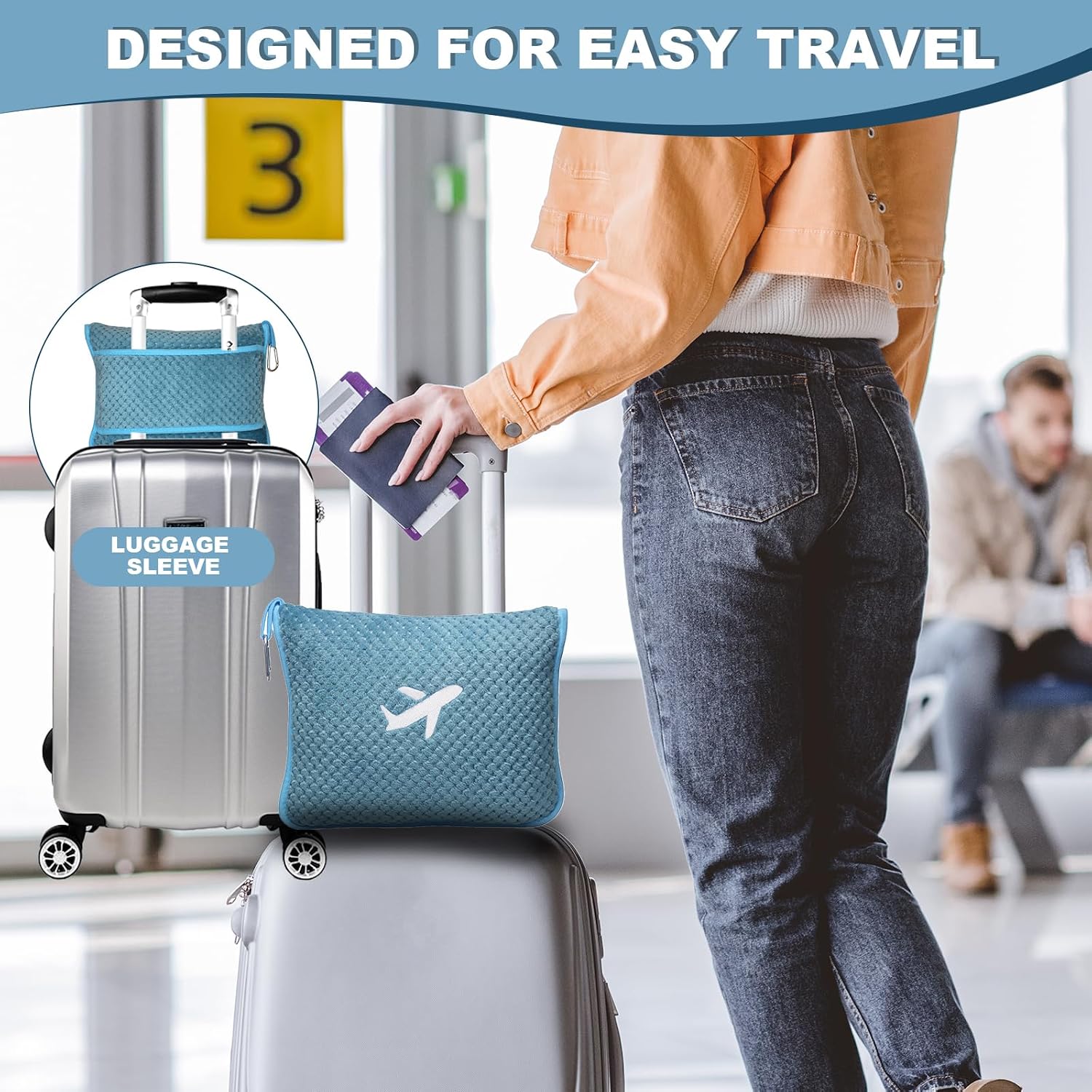 Cobertor de viagem compacto de avião com bolsa, cobertor de avião embalável 3 em 1 essenciais de viagem, travesseiro e cobertor de viagem, travesseiro inflável, manga de bagagem e clipe de - Imagem 4