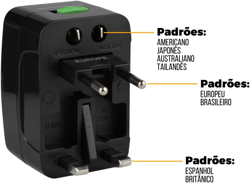 Gshield Adaptador Universal de Tomada para Viagem Bivolt Padrão Internacional 3 Pinos, Tank Preto - Imagem 2