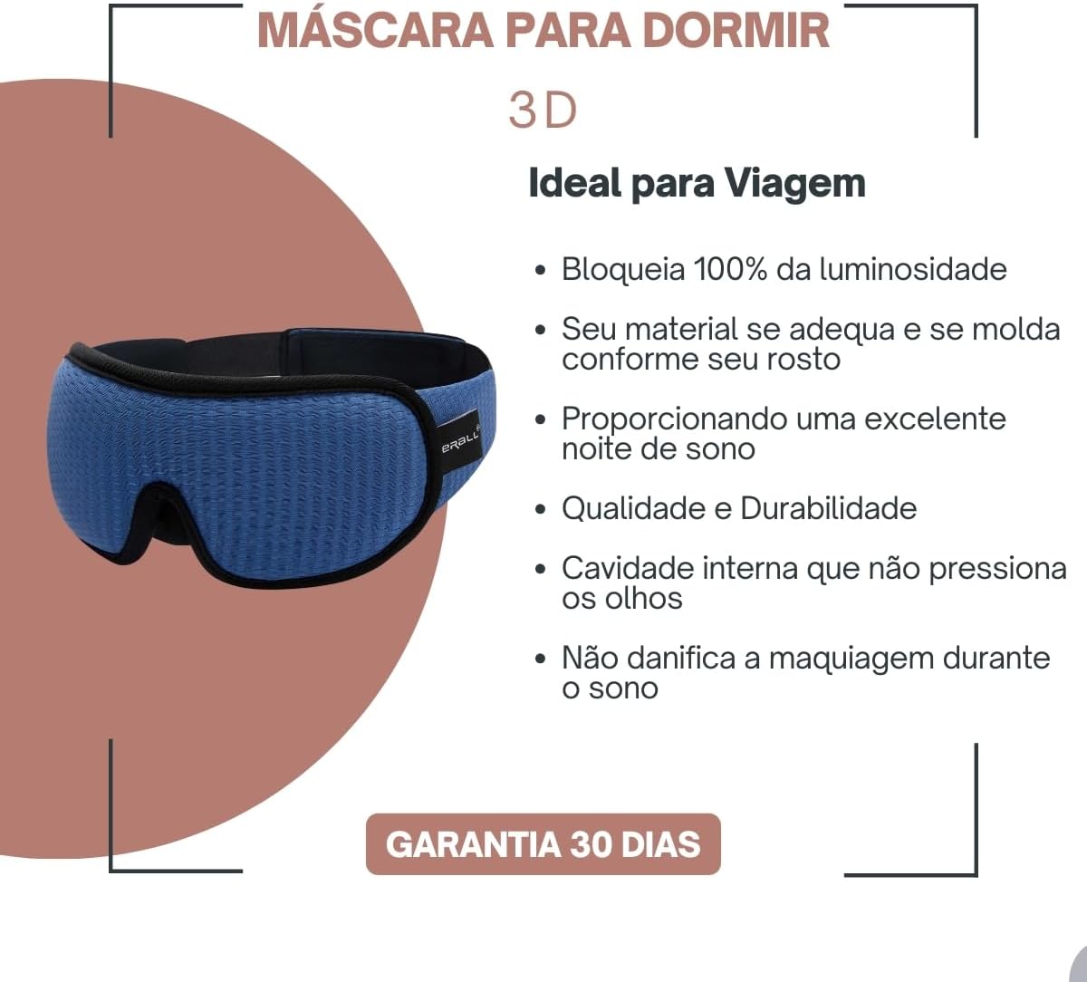 Máscara para Dormir 3D Premium, Tapa Olhos Ajustável, Design Anatômico, Disponível em Rosa e Azul (Azul) - Imagem 8