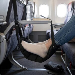 Essenciais de viagem para mulheres e homens, rede portátil para descanso de pés de avião com bolsa, alça para pés sob a mesa para voos longos, trem, escritório, suporte confortável para as pernas para