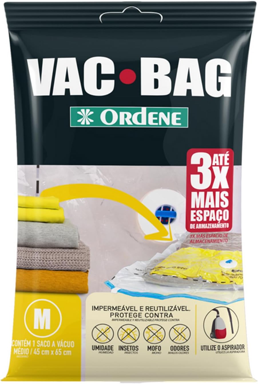 Ordene - Saco Plástico à Vácuo para Armazenamento, Tamanho Médio, Cor Transparente, Linha Vac Bag