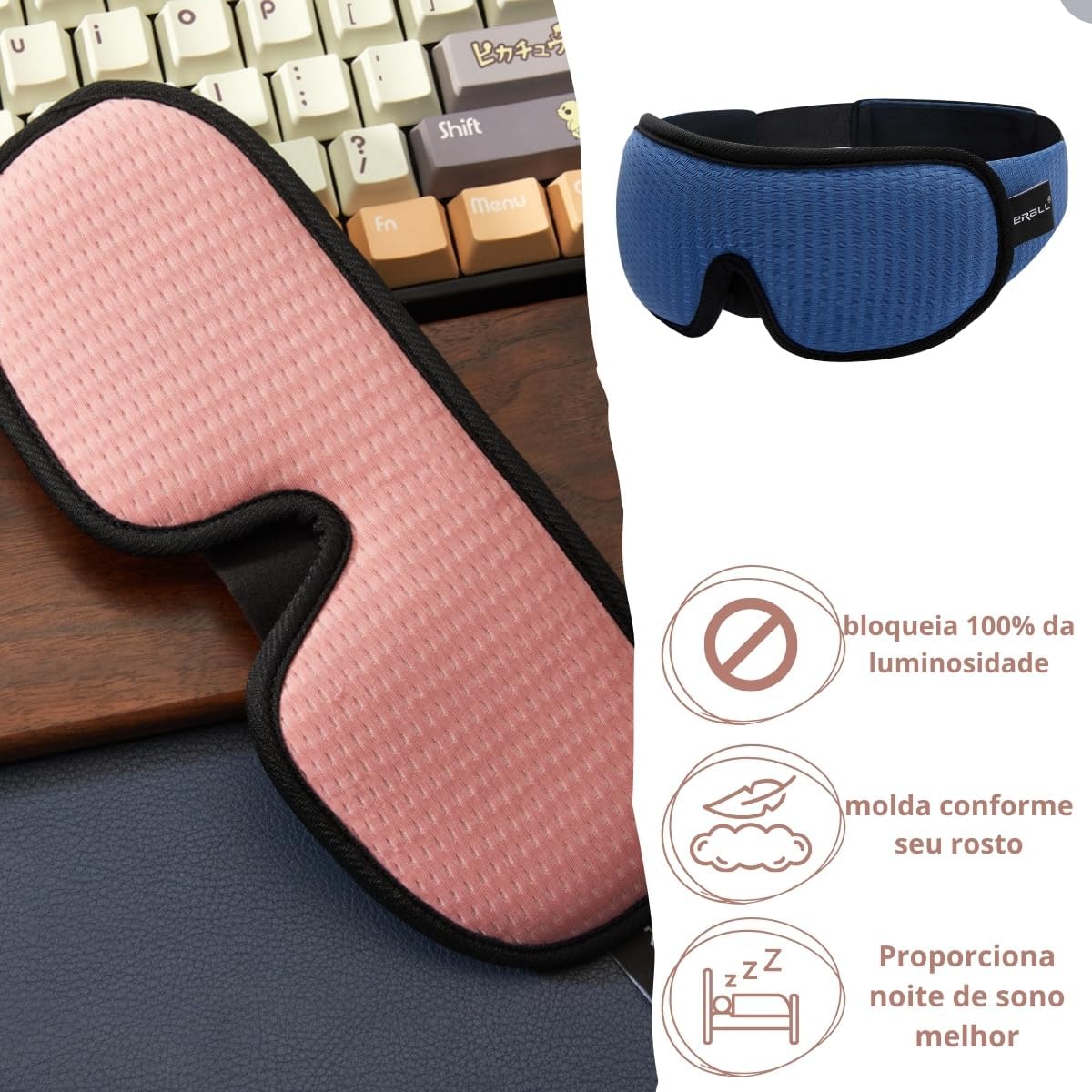 Máscara para Dormir 3D Premium, Tapa Olhos Ajustável, Design Anatômico, Disponível em Rosa e Azul (Azul) - Imagem 7