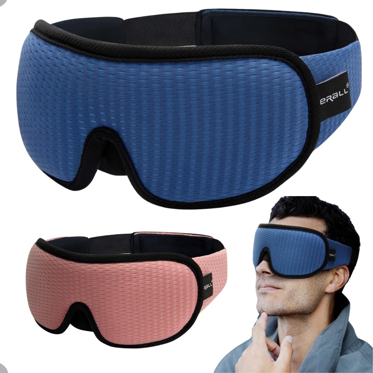 Máscara para Dormir 3D Premium, Tapa Olhos Ajustável, Design Anatômico, Disponível em Rosa e Azul (Azul)