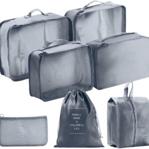 Organizador Viagem Kit 7 Peças Necessaire para Bagagem Malas Dobrável Impermeável Multiuso Feminina Masculina Unissex Grande Compacto Prático Roupas Bolsa Cosméticos Higiene Premium (CINZA)
