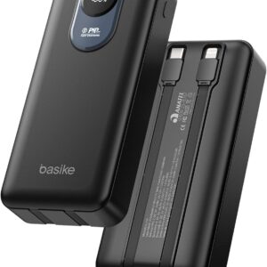 Basike Power Bank 20000mAh, Carregador Portátil, 2 Cabos Integrados (Preto)