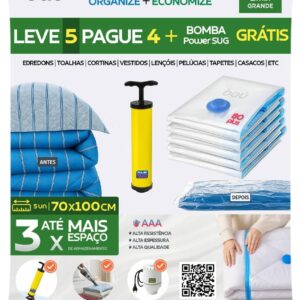 Saco a Vácuo Organizador Roupa Médio 70x100cm Extra Grande Kit 5 Unidades + Bomba Manual PowerSUG Baú 80 Plus
