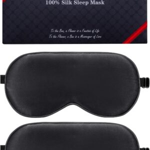 Máscara de sono de seda, pacote com 2 máscara de seda de amoreira com tira ajustável, capa de sombra de sono BeeVines, 100% bloqueia a luz reduz os olhos inchados(Preto)